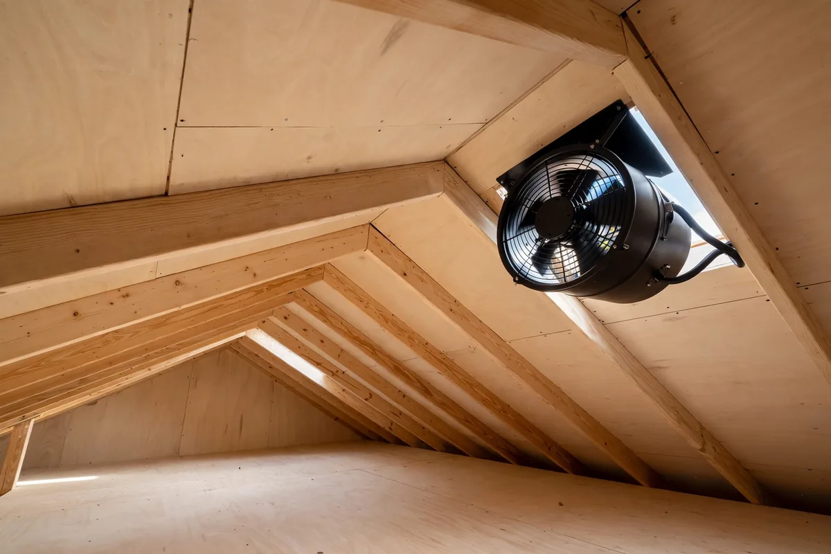 Clean dry attic with new roof decking and a powered vent.