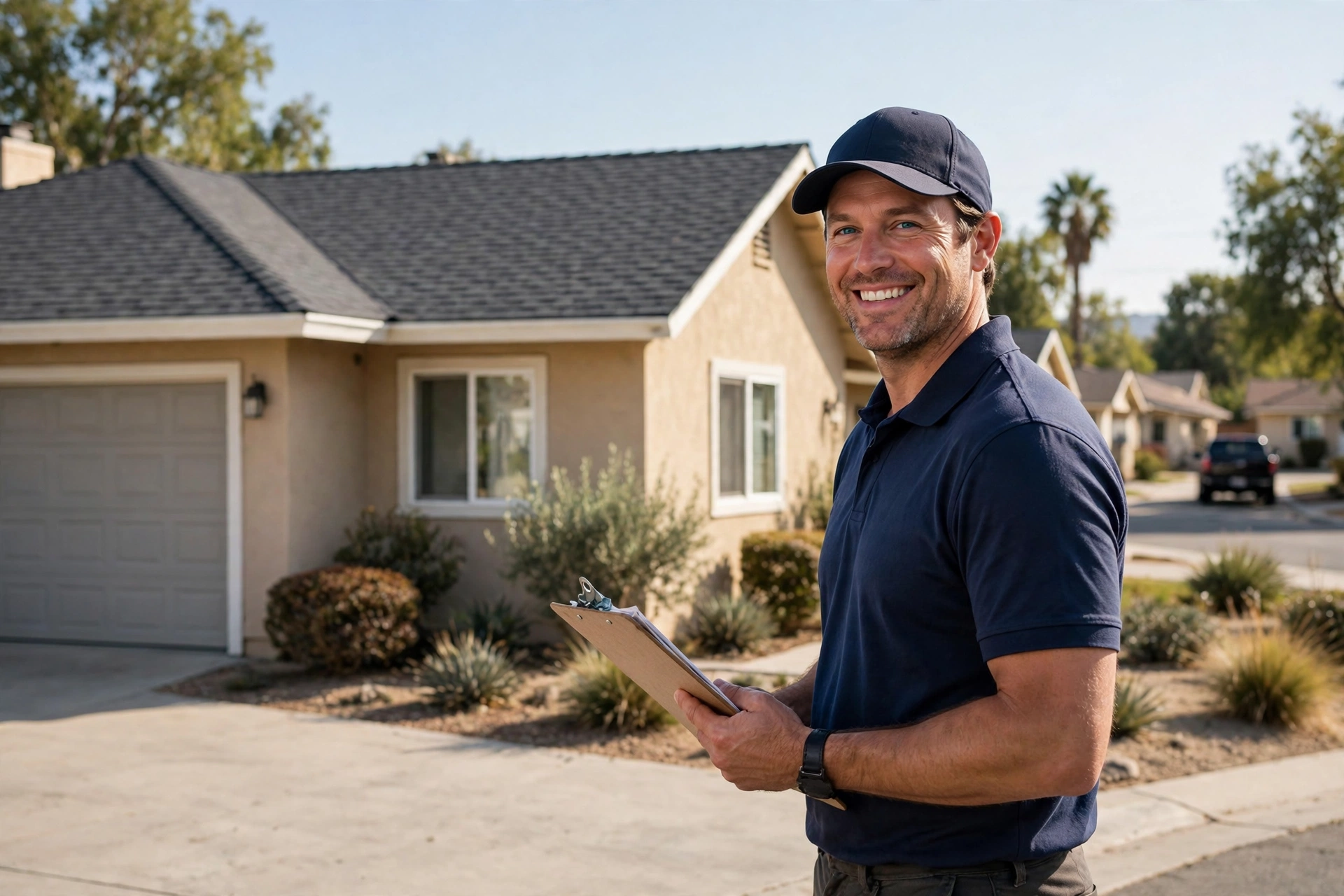 Friendly roofing contractor with a clipboard beside a Ceres ranch home with a new shingle roof