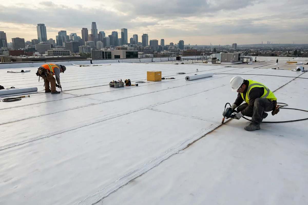 Workers heat-welding white TPO membrane on a flat commercial roof.