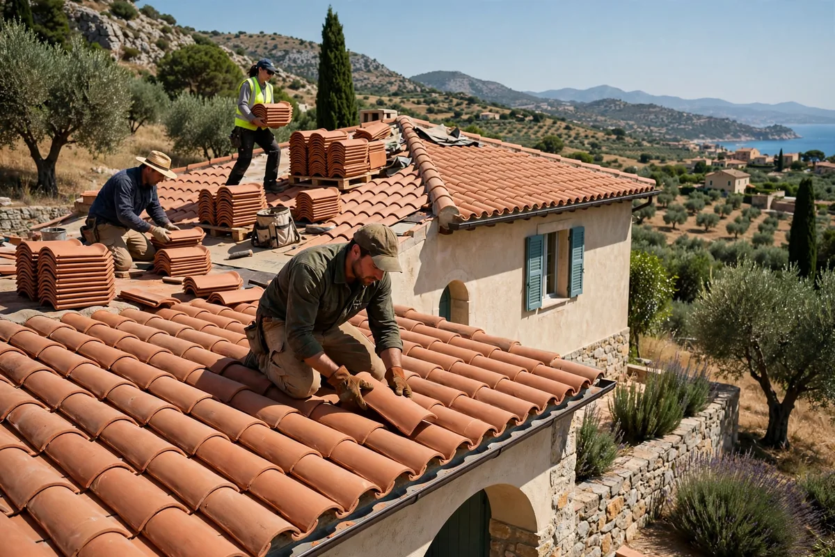 Crew laying new terracotta clay tiles on a Mediterranean home.